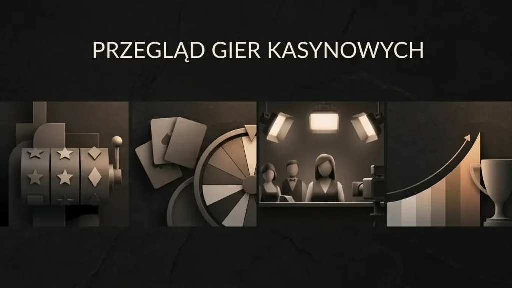 Neutralna ilustracja różnych kategorii gier kasynowych bez marek i interfejsów